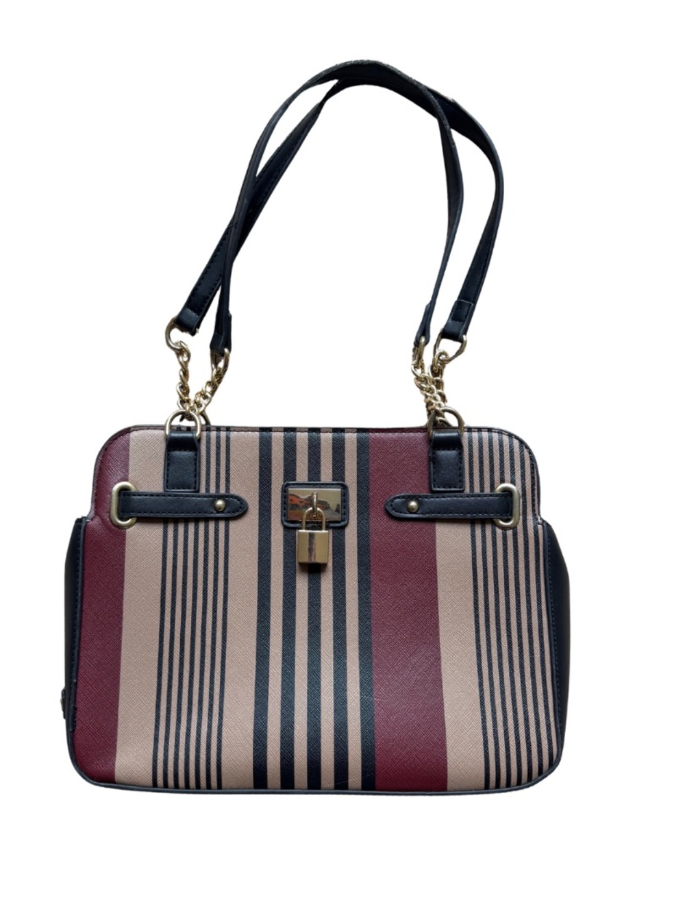 Adrienne Vittadini Striped Shoulder Bag in Burgundy, Black & Cream